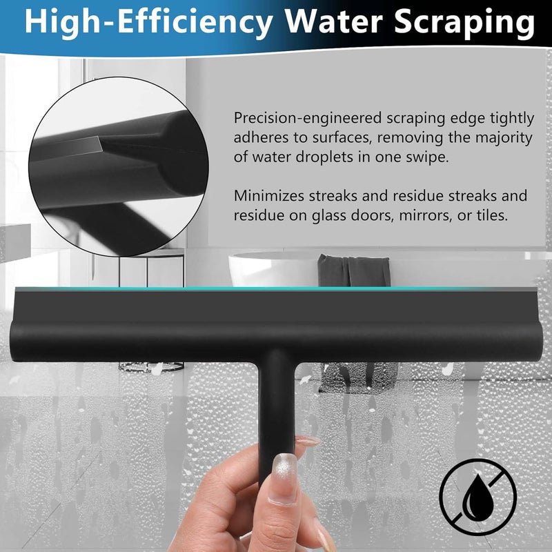 DEOFUXT Shower Squeegee for Glass Doors, Full Silicone Jacketed Squeegee with Ergonomic Handle & No-Drill Hook, Cleaning Tool for Windows, Mirrors, Tiles, Bathroom & Car - Black - Image 4